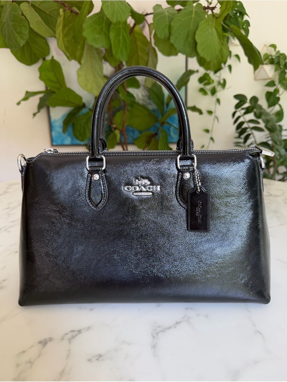 NWT Coach Georgia Satchel Bag Glossy Crinkle Patent Leather Black Silver CV942